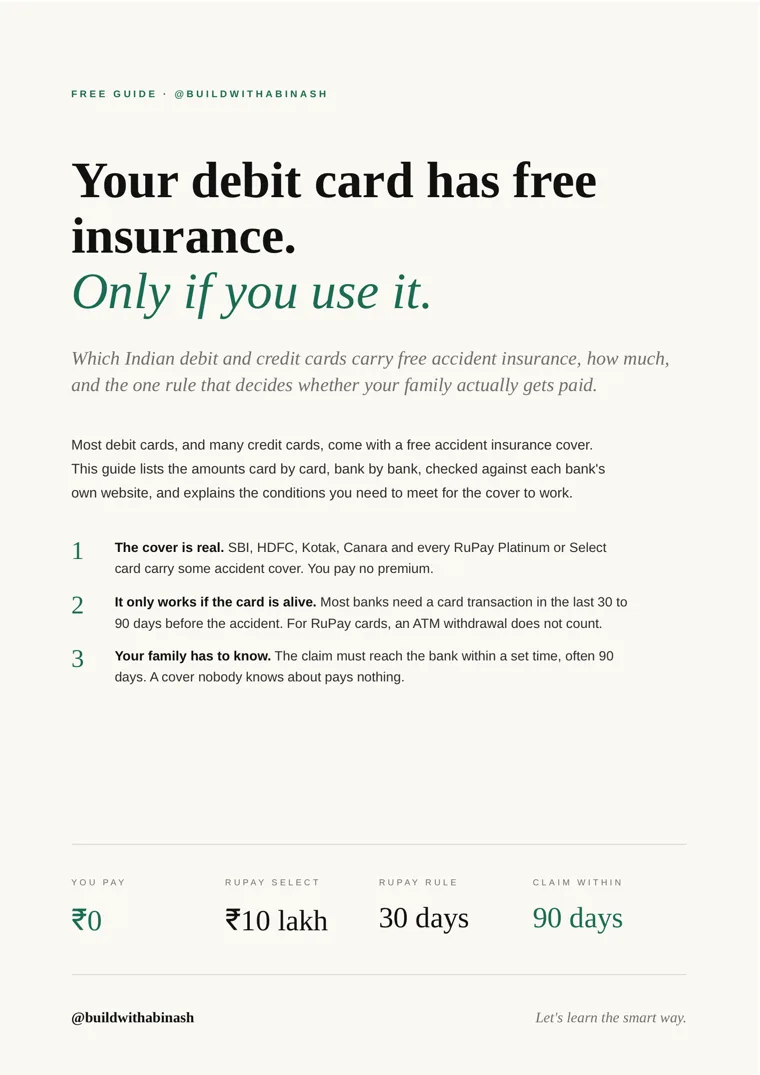 First page of the Your debit card has free insurance. Only if you use it. guide